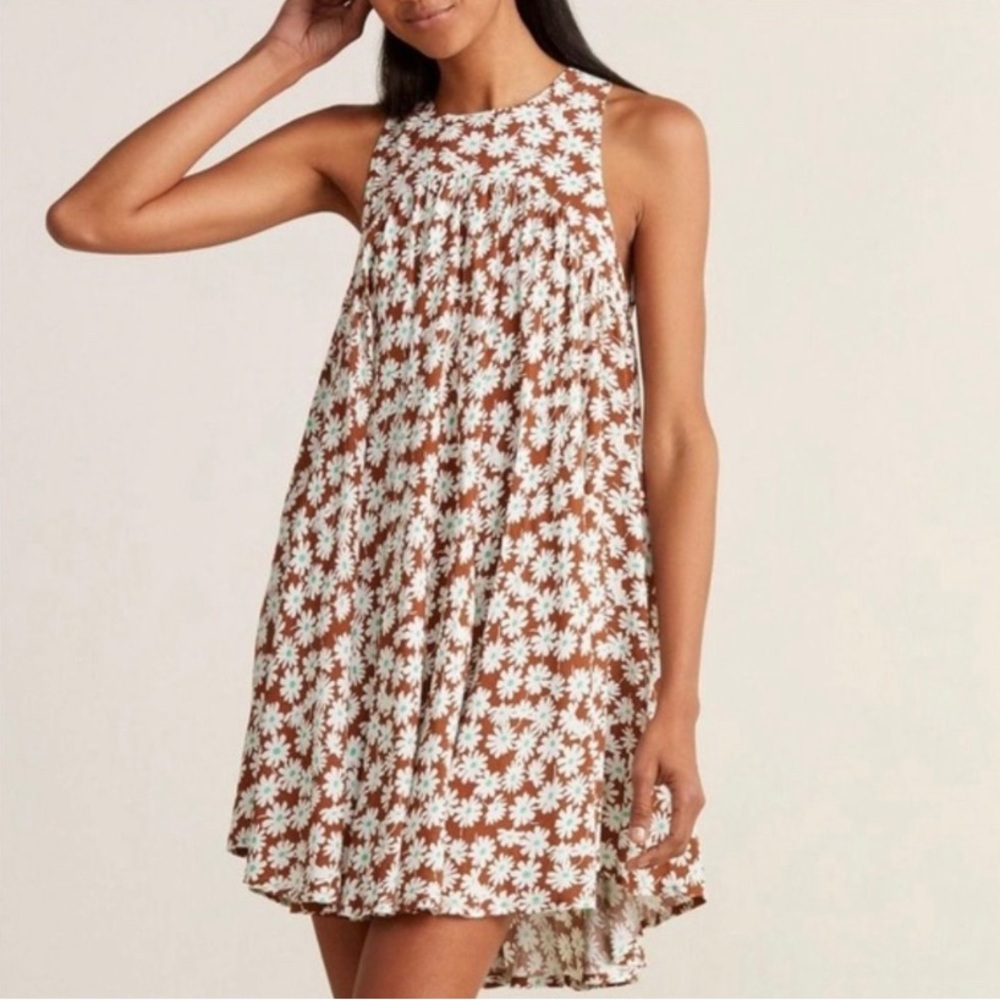Free People Daisy Shirred Baby Doll Dress Size 0 Brown Green White Floral Retro